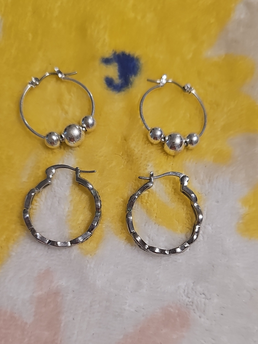 Two-Pair Silver Hoop Earring Set with Bead and Textured Designs